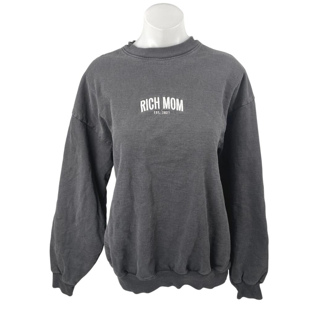 Rich Mom Women's Black Embroidered Logo Long Sleeve Sweatshirt Sweater Top Sz L
